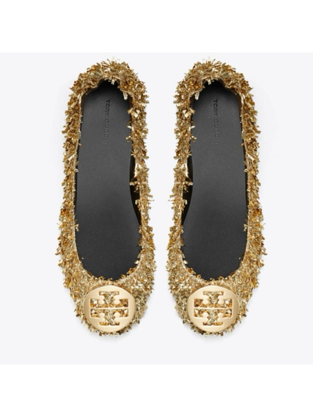 New Tory Burch Minnie Travel Ballet Flats In Gold Confetti Sz 8.5